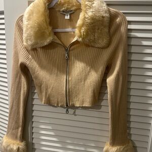 Women's Tan Faux Fur Collar Sweater